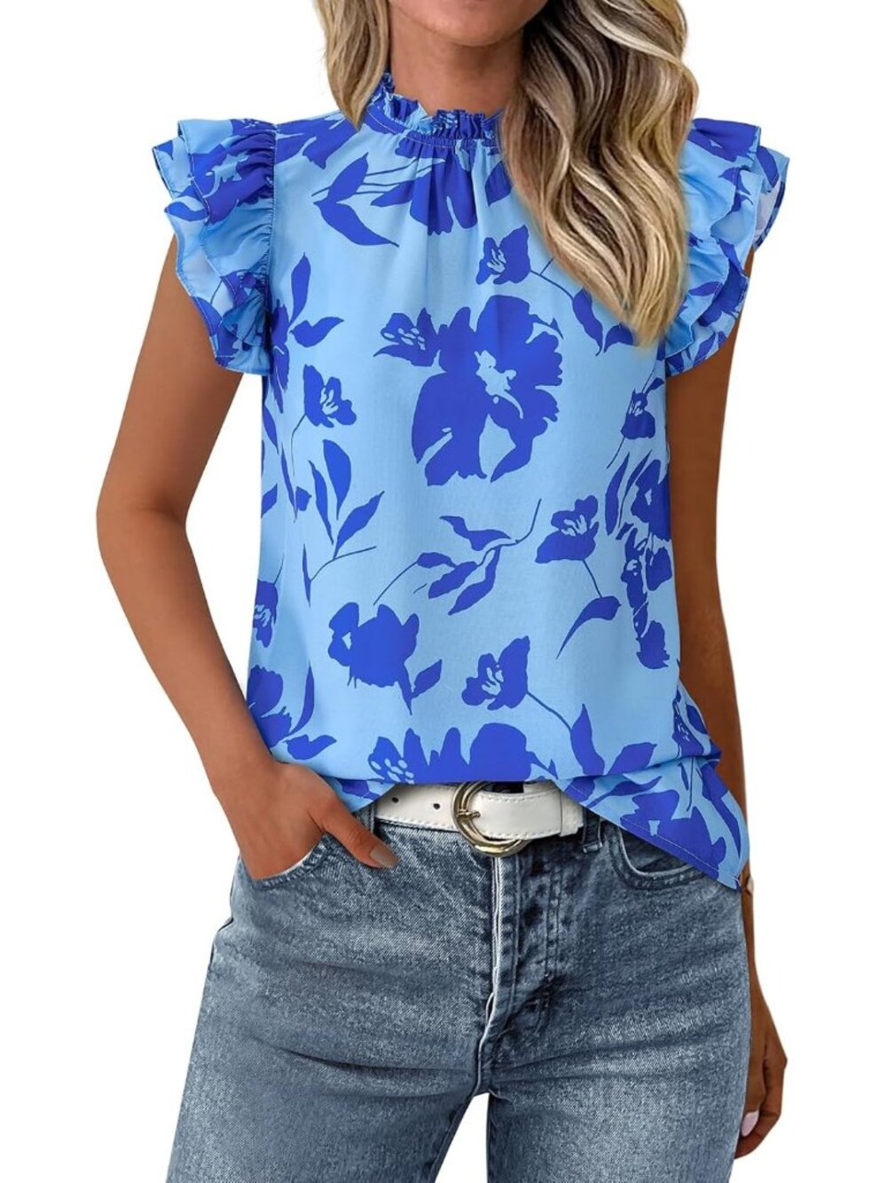 Women's Blue Big Floral Ruffle Short Sleeve Floral Trim Neck Casual Tops Shirts